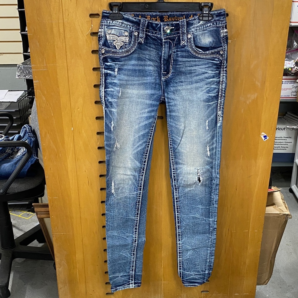 Rock Revival Skinny Jeans Size 25 Mid Rise Embellished Pocket Denim